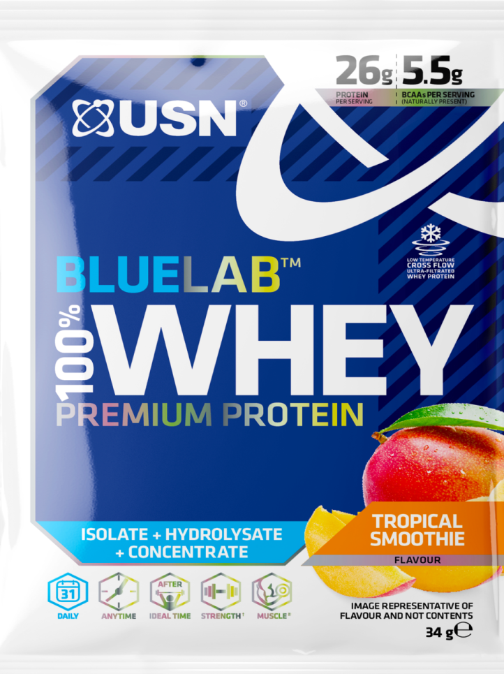 Syrovátkový proteinový prášek USN 100 % Premium BlueLab vzorek 34 g tropické smoothie